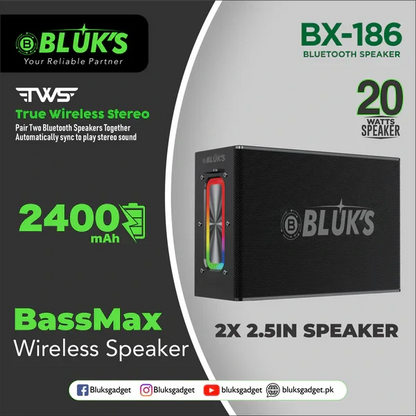 BLUK’S BX-186 BassMax Bluetooth Wireless Speaker – Portable Speaker with Deep Bass