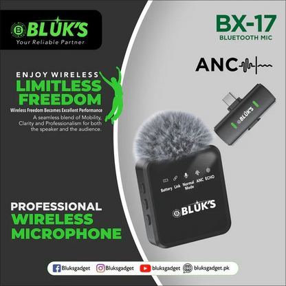 BLUK’S BX-17 Lavalier Wireless Microphone – ANC Clip-On Mic for Vlogging, Streaming & Recording